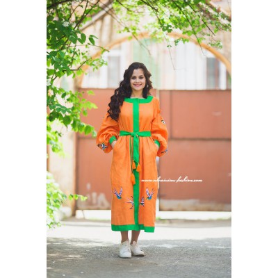 Boho Style Embroidered Loong Dress "Summer Birds" Orange/Green